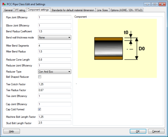 Pipe Class Edit Component Settings