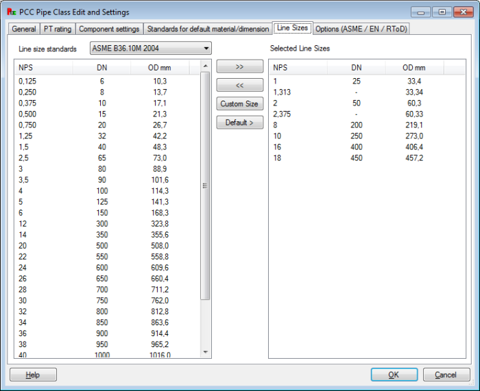 Pipe Class Edit Line Sizes